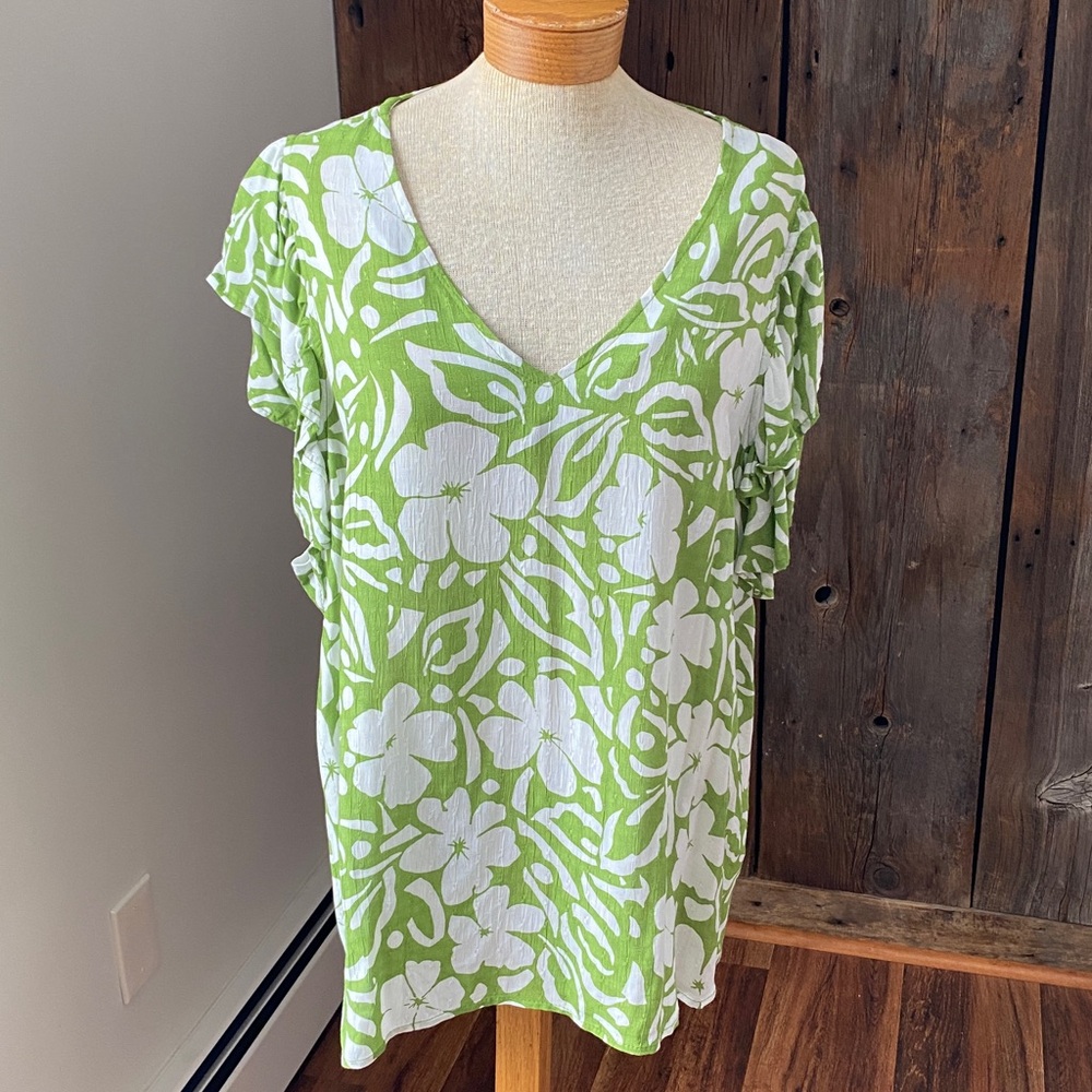 Rachel Zoe floral tropical v neck short flutter sleeve green sheer rayon Sz 1X